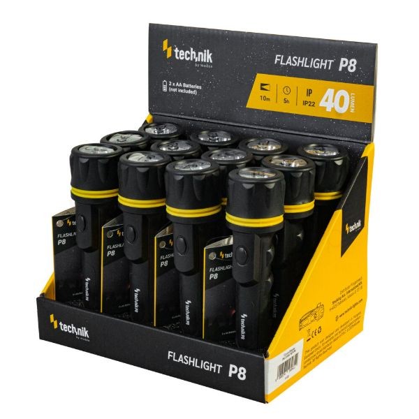 Technik Elemlámpa P8 (2xAA/nem tartozék) Gumírozott (40 lumen) 12db/display